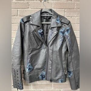 Colleen Lopez Gray Faux Leather Floral Embroidered Moto Jacket
